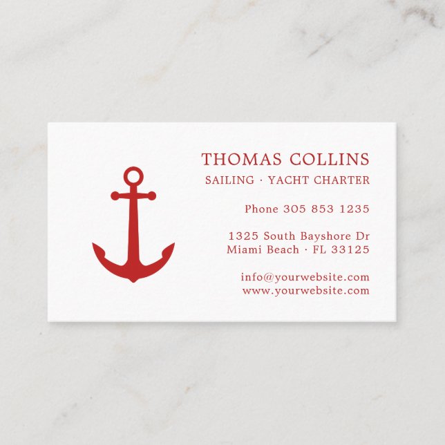 Elegant Classic Red Nautical Anchor Logo Business Card (Front)