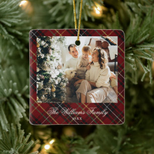 Elegant Classic Red Plaid 1 Photo Christmas Ceramic Ornament