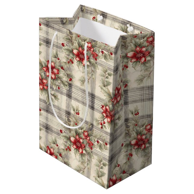 Elegant Classic Red Poinsettia Tartan Christmas  Medium Gift Bag (Back Angled)