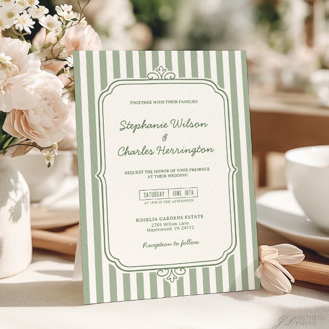 Elegant Classic Sage & Beige Striped Wedding Invitation (Creator Uploaded)