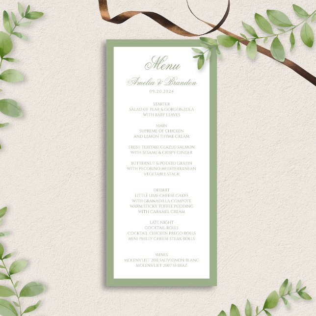 Elegant Classic Sage Green Border Script Wedding Menu (Creator Uploaded)