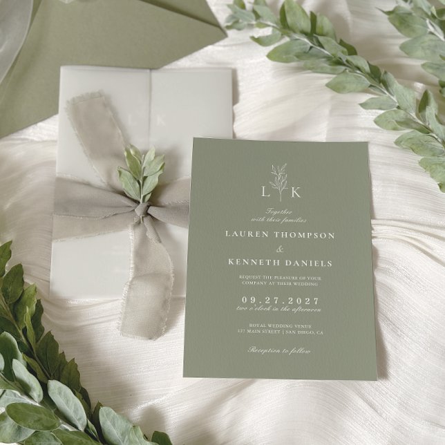 Elegant Classic Sage Green Leaf Monogram Wedding Invitation (Creator Uploaded)