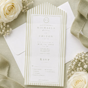 Elegant Classic Sage Green Stripe Monogram Wedding All In One Invitation