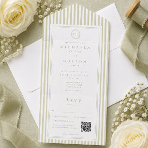 Elegant Classic Sage Green Stripe Monogram Wedding All In One Invitation