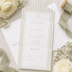 Elegant Classic Sage Green Stripe Monogram Wedding All In One Invitation