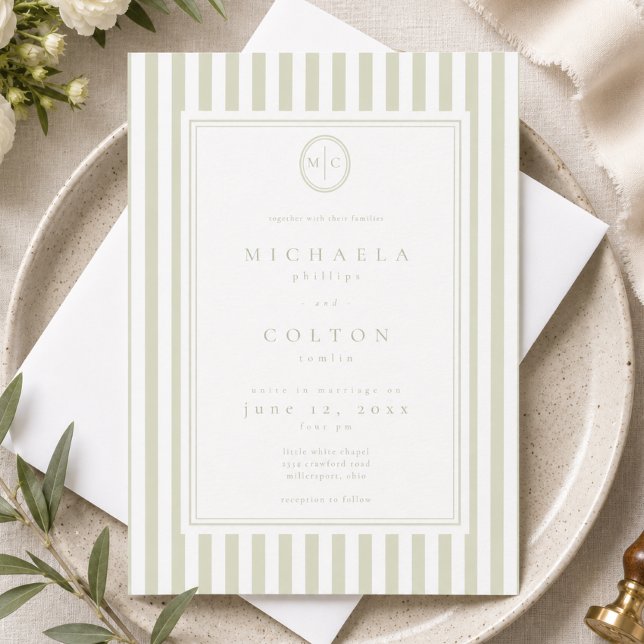 Elegant Classic Sage Green Stripe Monogram Wedding Invitation (Creator Uploaded)
