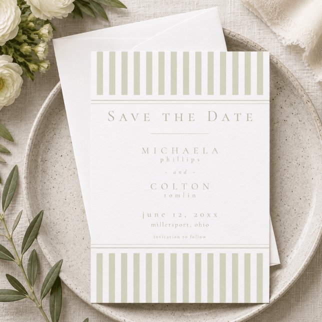 Elegant Classic Sage Green Stripe Wedding Save The Date (Creator Uploaded)