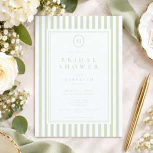 Elegant Classic Sage Stripe Monogram Bridal Shower Invitation
