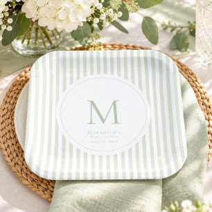 Elegant Classic Sage Stripe Monogram Bridal Shower Paper Plate