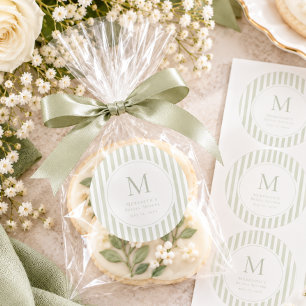 Elegant Classic Sage Stripe Monogram Bridal Shower Round Sticker