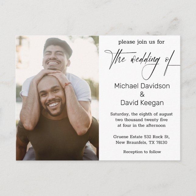 elegant classic script gay wedding photo invitation postcard (Front)