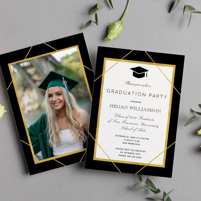 Elegant classic script gold black graduation party invitation (Creator Uploaded)