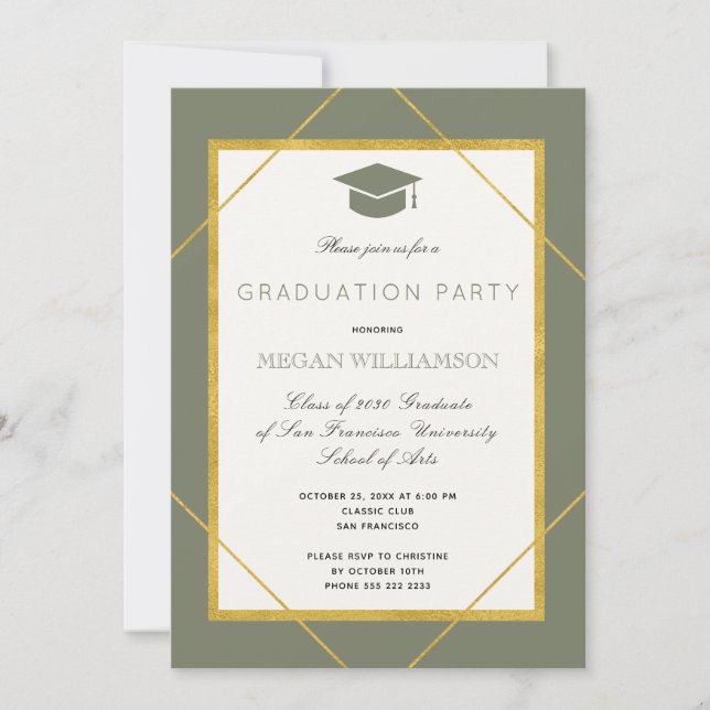 Elegant classic script gold sage graduation party invitation (Front)