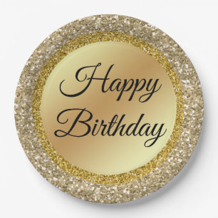 elegant classic script happy birthday,gold glitter paper plate