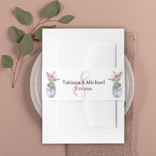 elegant classic script minimal pink floral wedding invitation belly band