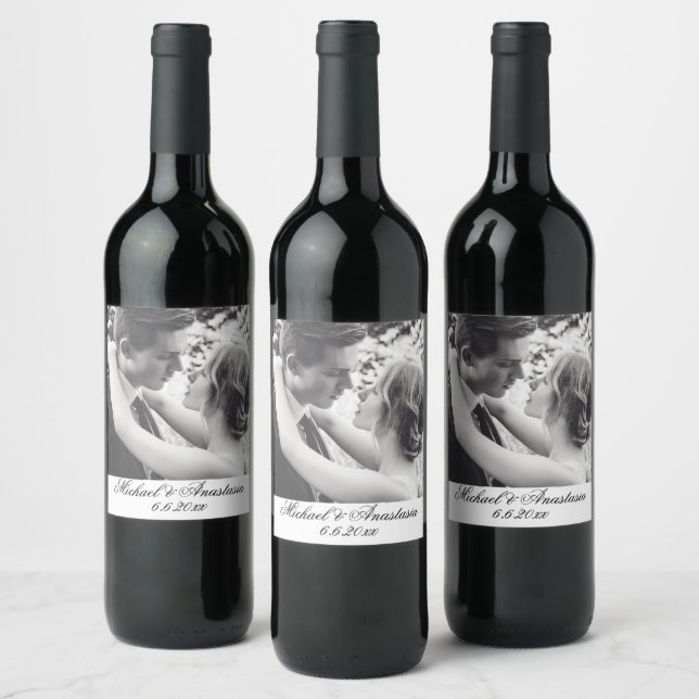 elegant classic script wedding black&white photo  wine label (Bottles)