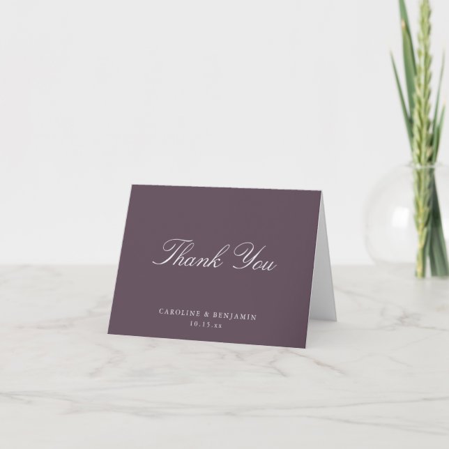 Elegant Classic Script Wedding Dark Plum Folded Thank You Card (Front)
