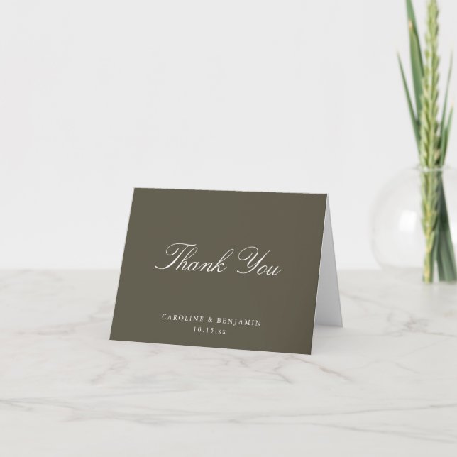 Elegant Classic Script Wedding Olive Brown Folded Thank You Card (Front)