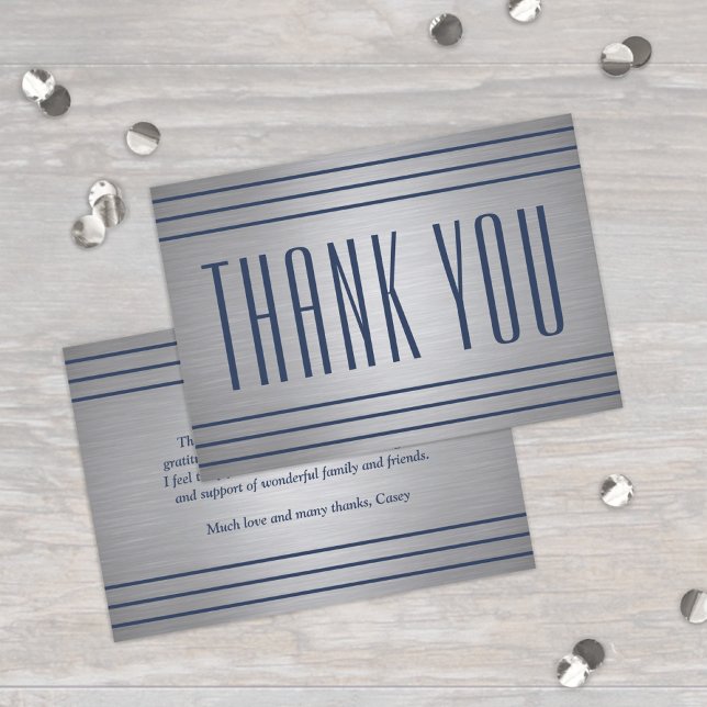 Elegant Classic Stripes Brushed Grey and Navy Blue Thank You Card (Creator Uploaded)