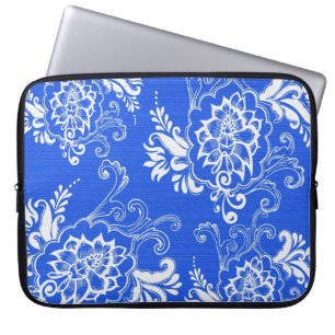 elegant, classic, stylish blue and hwite floral laptop sleeve