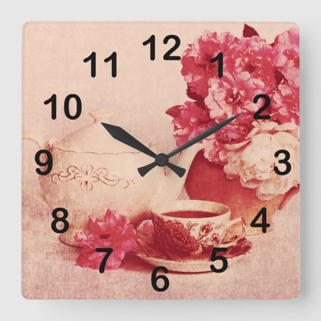 Elegant classic tea service square wall clock (Front)