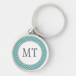 Elegant, classic teal and white chevron zigzag key ring