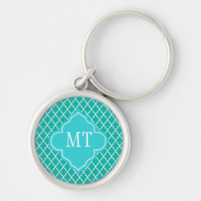 Elegant, classic, teal quatrefoil monogram key ring (Front)