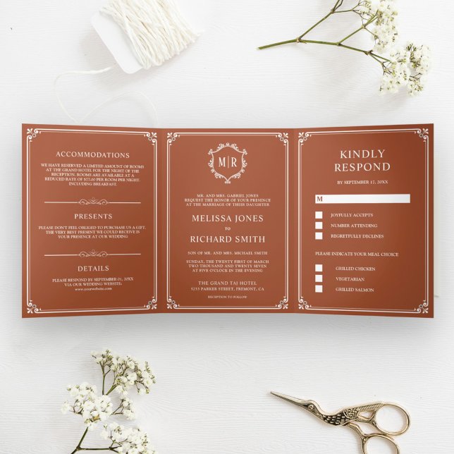 Elegant Classic Terracotta Monogram Wedding Tri-Fold Invitation (Creator Uploaded)