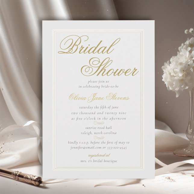 Elegant Classic Triple Frame Ivory Bridal Shower Invitation (faux embossed triple frame formal elegant bridal shower invitation white gold flourishes calligraphy)