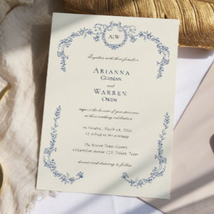 Elegant Classic Vintage Blue Monogram Wedding Invitation