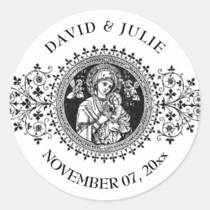 Elegant Classic Virgin Mary Jesus Black White Round Sticker