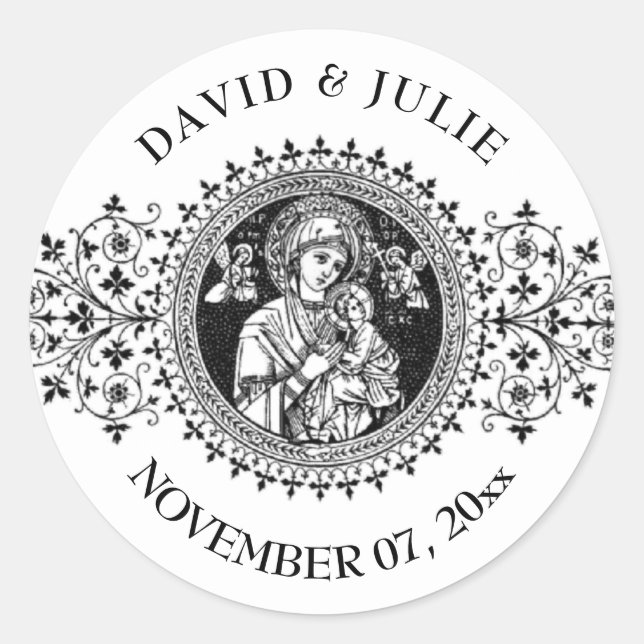 Elegant Classic Virgin Mary Jesus Black White Round Sticker (Front)