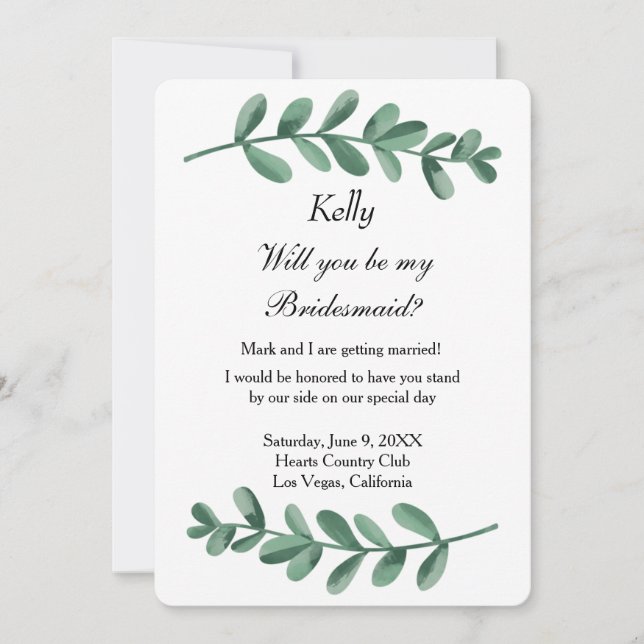 Elegant Classic Watercolor Green Leaves Bridesmaid Invitation (Front)