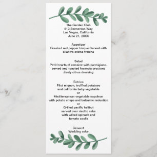 Elegant Classic Watercolor Green Leaves Wedding Menu
