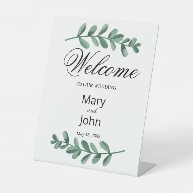 Elegant Classic Watercolor Green Leaves Wedding Pedestal Sign (Front)
