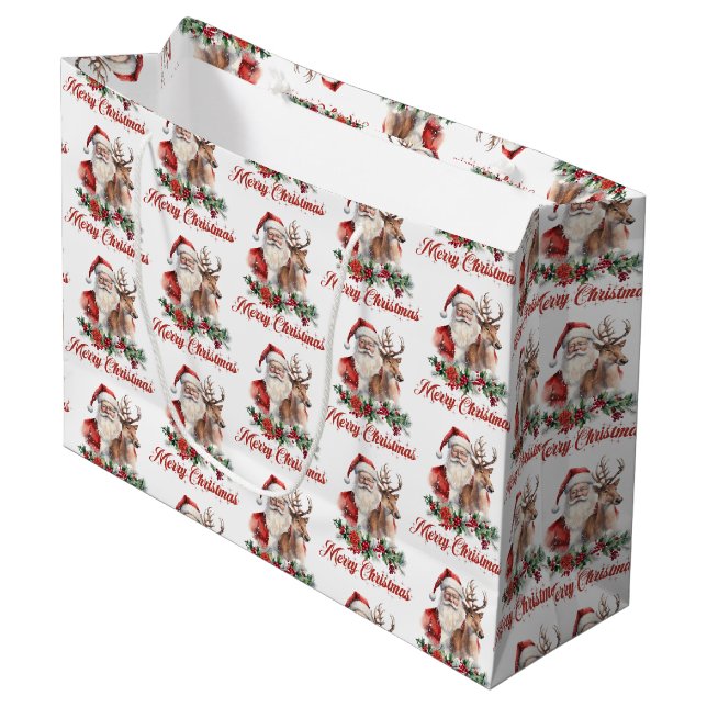 Elegant classic watercolor Santa reindeer holly Large Gift Bag (Front Angled)