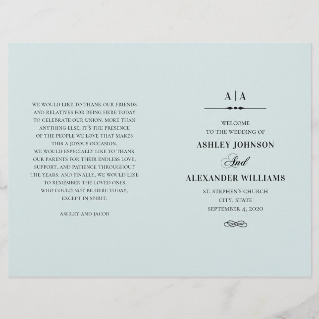 Elegant classic wedding. Blue program folded (Front)