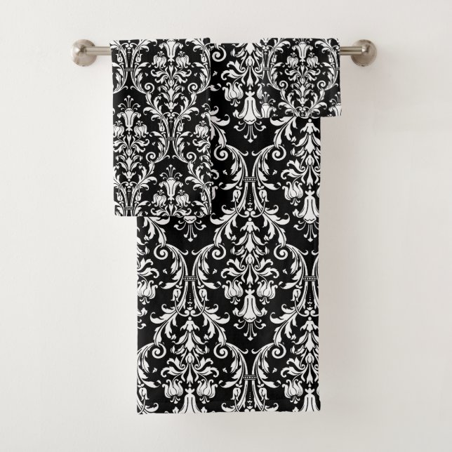 Elegant Classic White Floral Damask On Black Bath Towel Set (Insitu)