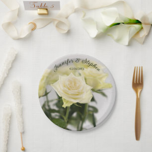 Elegant Classic White Rose Flowers Wedding Paper Plate