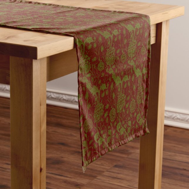 Elegant Classic William Morris Red Green  Short Table Runner (Holiday William Morris table runner.)