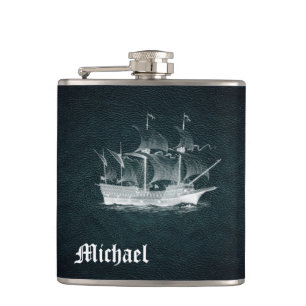 Elegant classy ancient ship  leather personalised hip flask