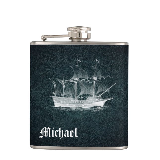 Elegant classy ancient ship  leather personalised hip flask (Front)