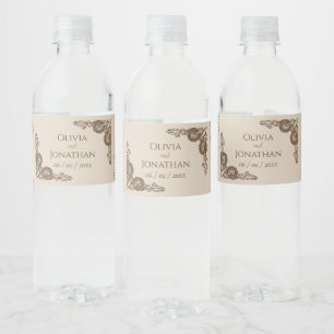 Elegant Classy Beige ornate Wedding Water Bottle Label