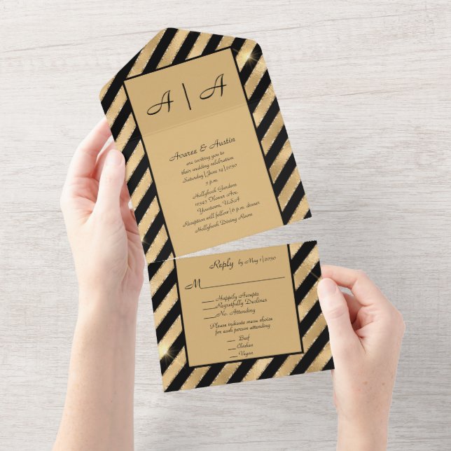 Elegant Classy Black and Gold All in One Wedding  All In One Invitation (Tearaway)