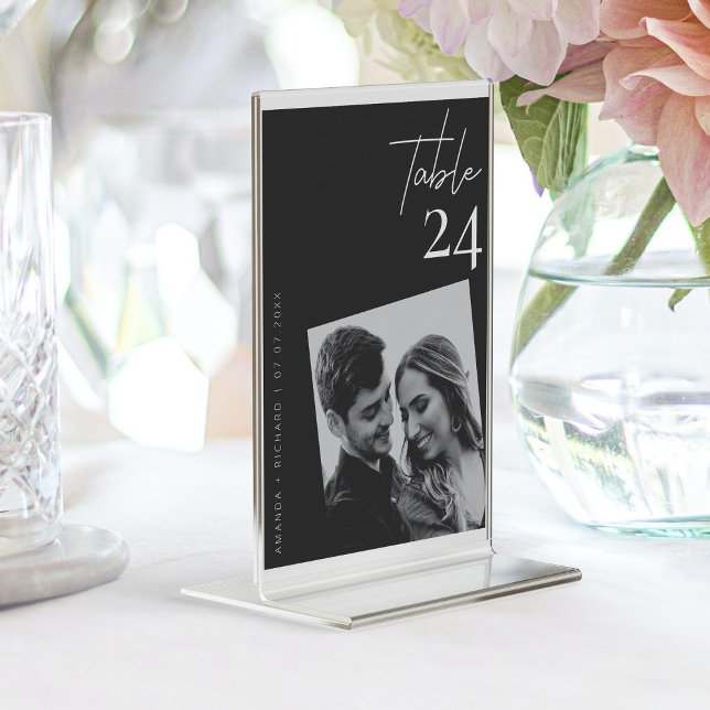Elegant Classy Black and White Wedding Photo Table Number (Black & White Wedding Modern Romantic Photo  Table Number)