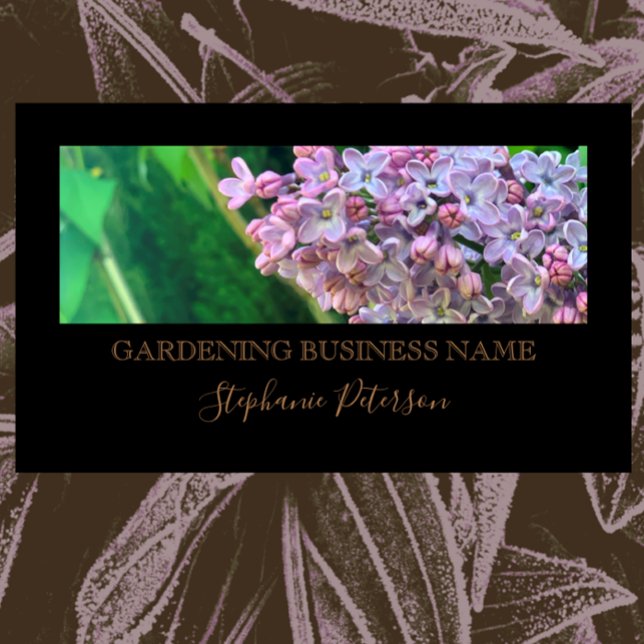 Elegant Classy Black Custom Photo Lilac Gardening  Business Card (Personalized this classy black/ tan business card with a photo, logo, name company details, promo.)