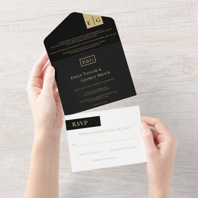 Elegant Classy Black Gold Monogram Modern Wedding All In One Invitation (Tearaway)