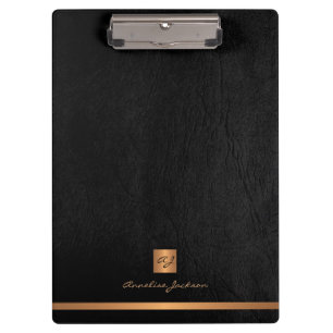 Elegant classy black leather gold monogrammed clipboard