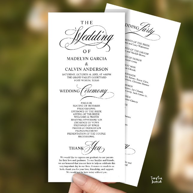 Elegant Classy Black Script Wedding Ceremony Order Programme (Elegant Classy Gold Script Wedding Ceremony Order Program Card in Black and White)