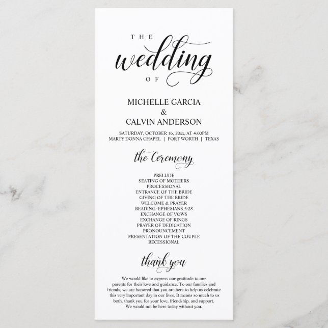 Elegant Classy, Black script, Wedding Ceremony Pro Programme (Front)
